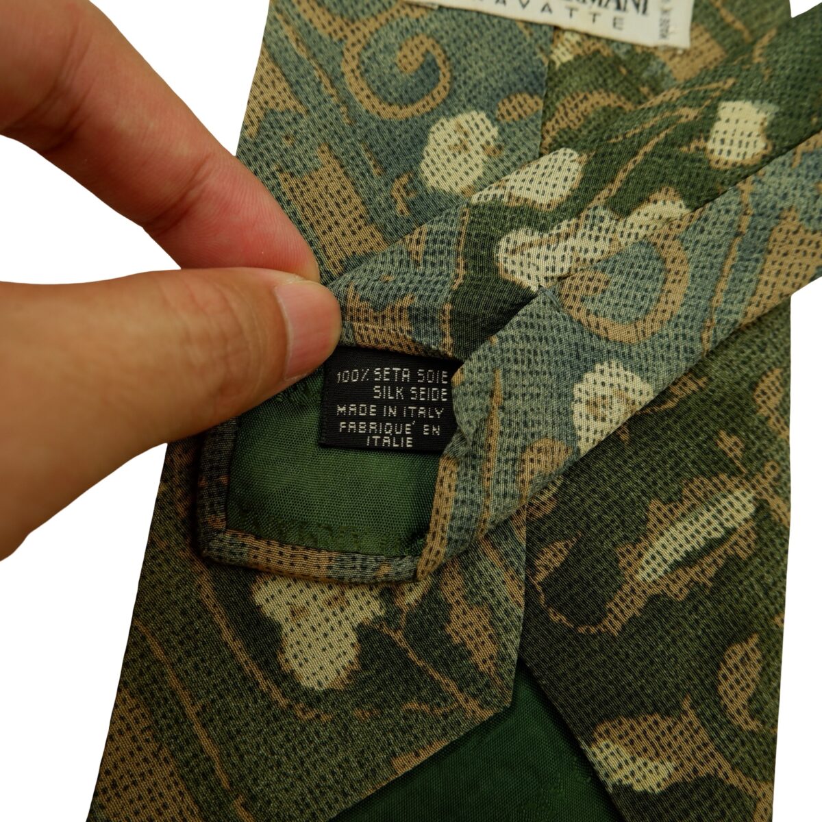 a16595 10 Giorgio Armani Tie Silk Olive Green Abstract Pattern Italy (US Import Tax Included) มุมที่ 10