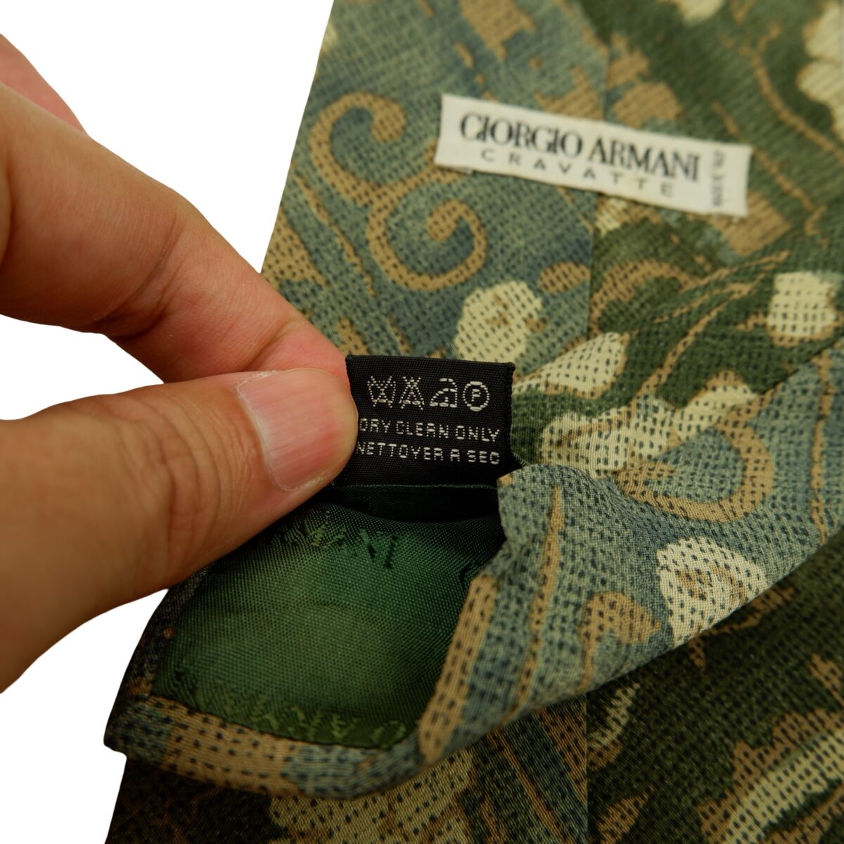 a16595 11 Giorgio Armani Tie Silk Olive Green Abstract Pattern Italy (US Import Tax Included) มุมที่ 11