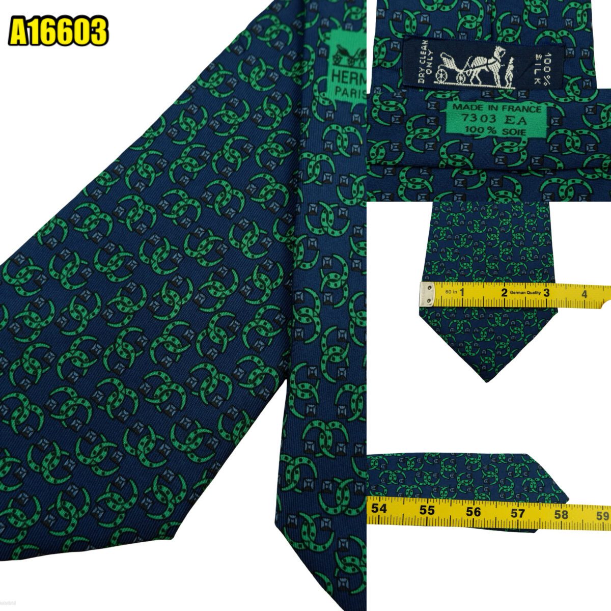 created by photogrid Hermes Tie Silk Navy Green Geometric France (US Import Tax Included) มุมที่ 1