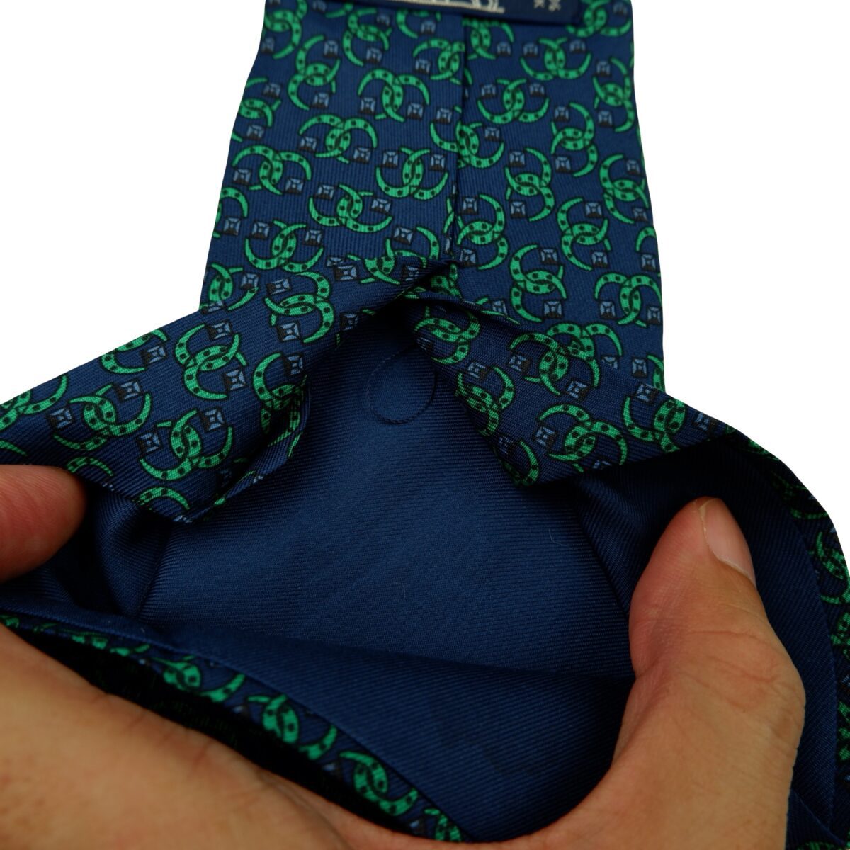 a16603 12 Hermes Tie Silk Navy Green Geometric France (US Import Tax Included) มุมที่ 12