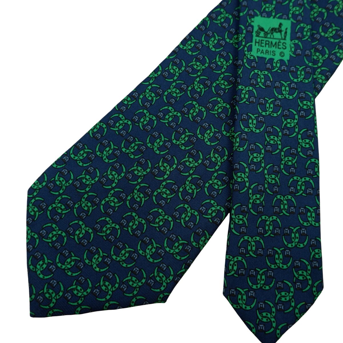 a16603 2 Hermes Tie Silk Navy Green Geometric France (US Import Tax Included) มุมที่ 2