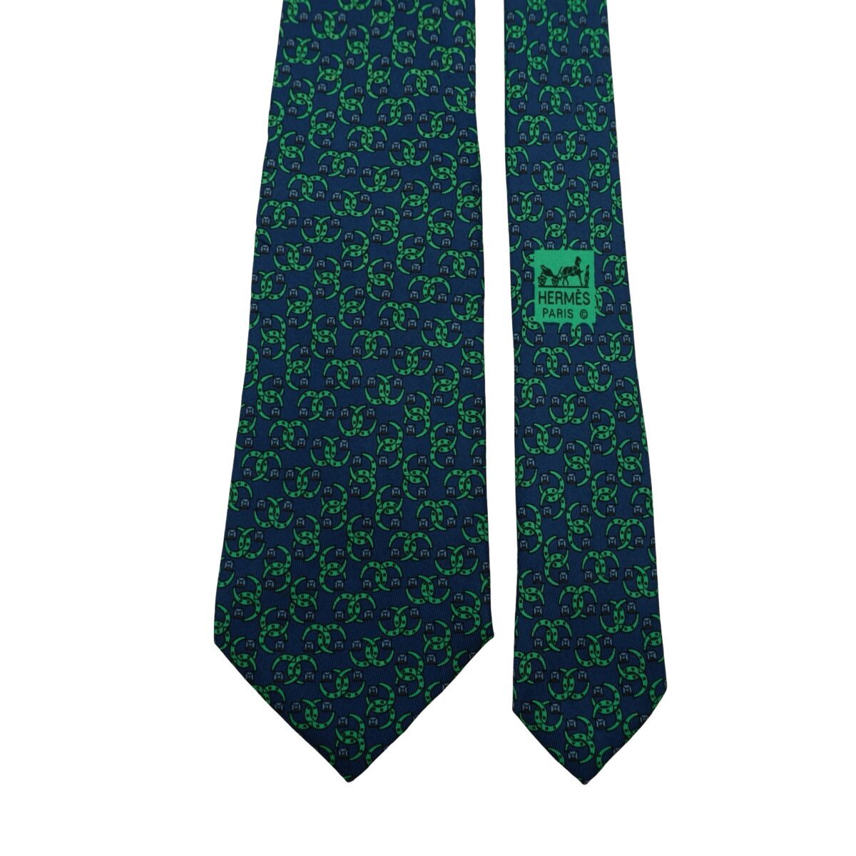 a16603 3 Hermes Tie Silk Navy Green Geometric France (US Import Tax Included) มุมที่ 3