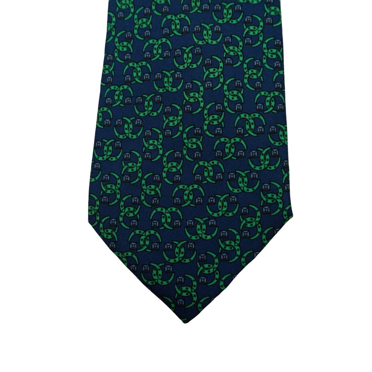 a16603 6 Hermes Tie Silk Navy Green Geometric France (US Import Tax Included) มุมที่ 6