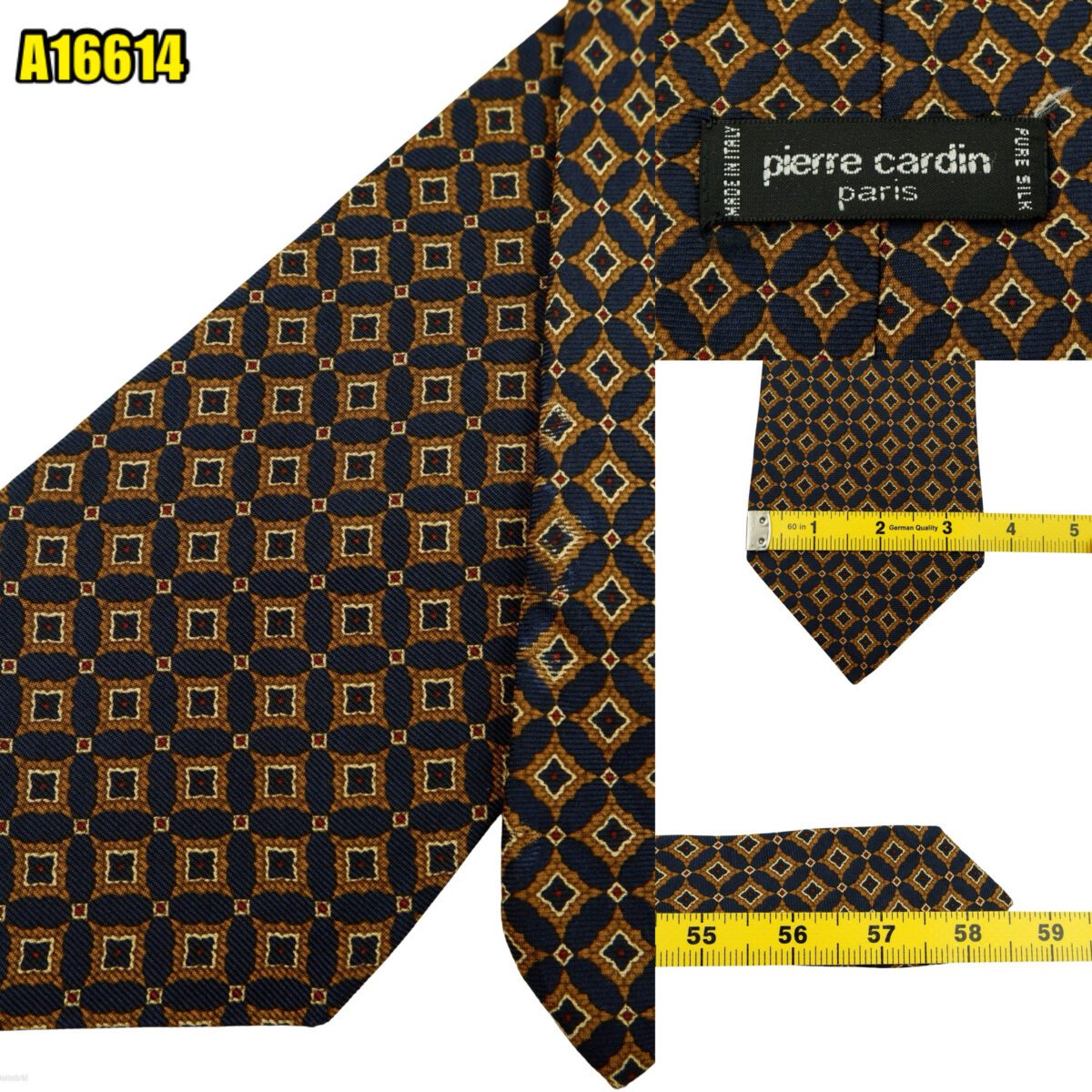 Pierre Cardin Tie Silk Dark Navy Geometric Italy (US Import Tax Included) | mesabb clothing Pierre Cardin Tie Silk Dark Navy Geometric Italy (US Import Tax Included) มุมที่ 1